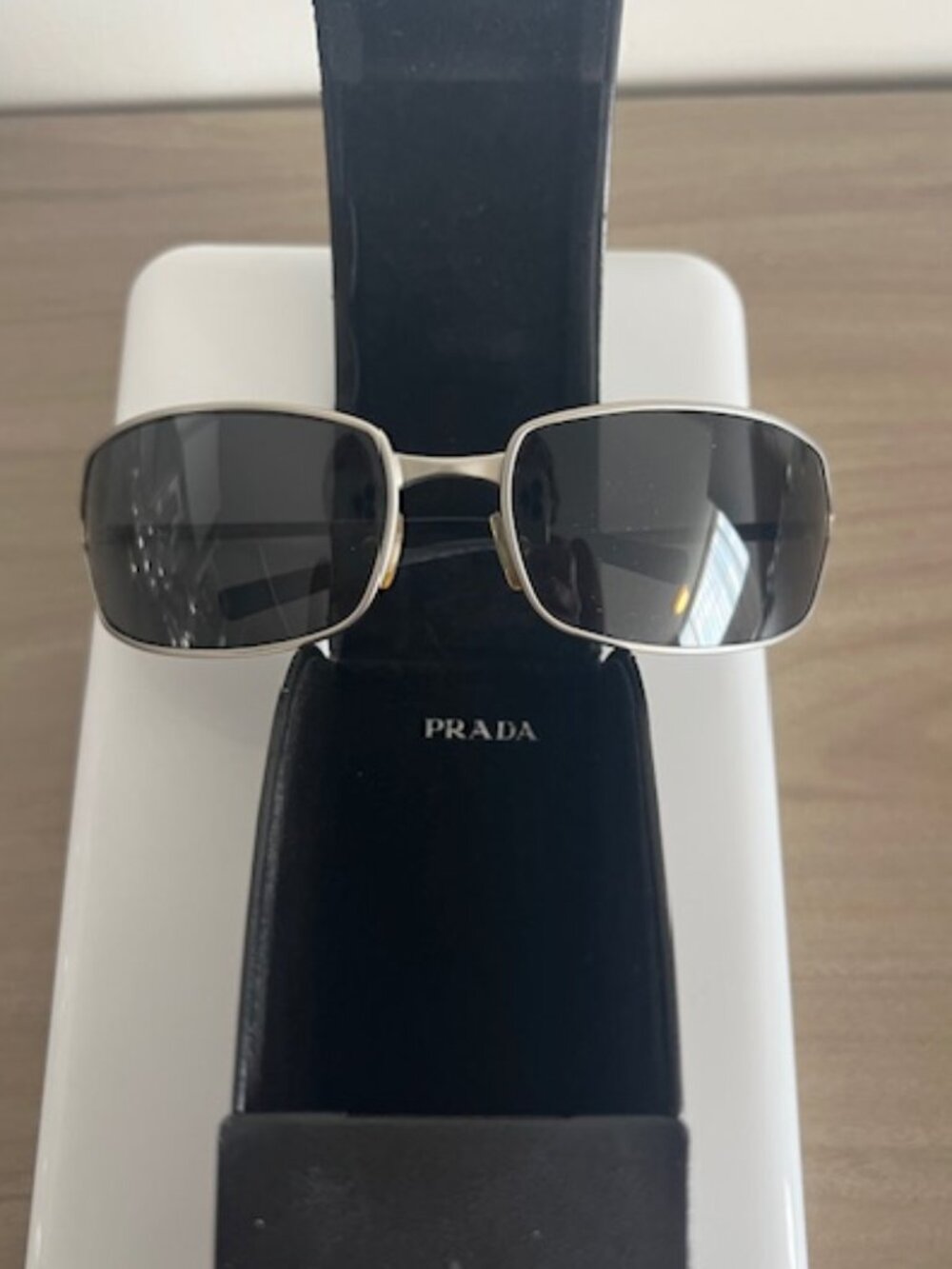 Prada SPR 59E Silver Metal Rectangular Sunglasses Made in Italy